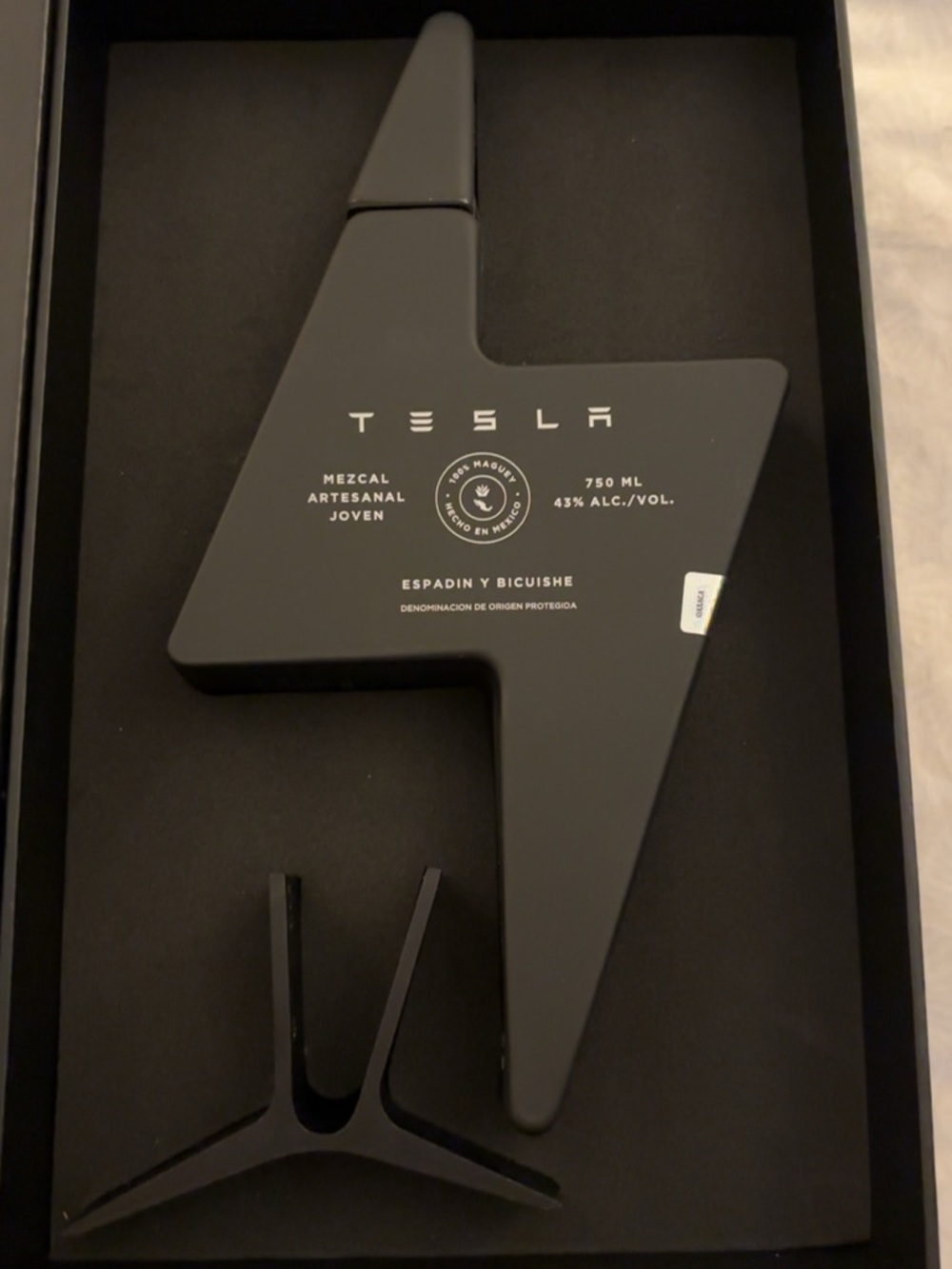 Tesla Matte Black Mezcal Bottle with White Logo